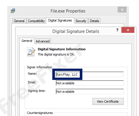 Screenshot of the EpicPlay, LLC certificate